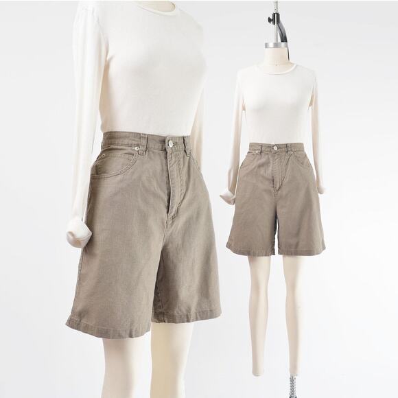 Vintage 90s Taupe Brown Linen Cotton Blend High Waisted Knee Length Shorts M - Picture 1 of 7